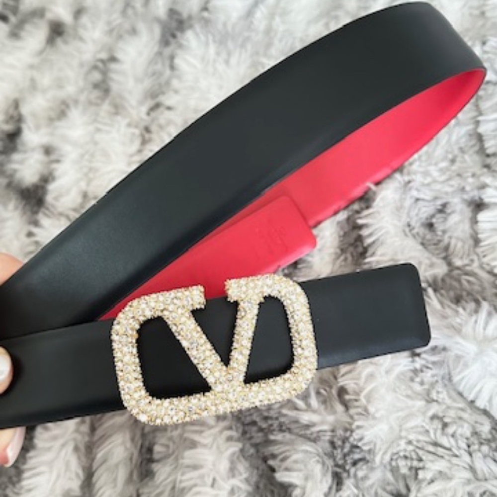 VALENTINO GARAVANI REVERSIBLE RED/BLACK CRYSTAL VLOGO BELT